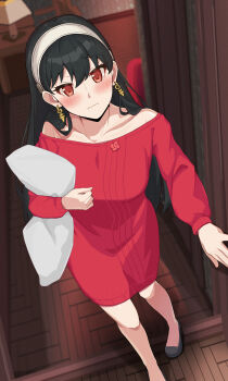 1girl absurdres black_hair blurry blurry_background blush closed_mouth commentary_request dress earrings hairband highres holding holding_pillow indoors jewelry long_hair long_sleeves looking_at_viewer off-shoulder_dress off_shoulder paid_reward_available pillow red_dress shara_(syara_so_ju) solo spy_x_family wavy_mouth white_hairband yor_briar
