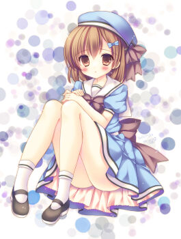 1girl ass beret black_shoes blue_bow blue_hat blue_serafuku blue_shirt blue_skirt blush bow brown_bow brown_eyes brown_hair closed_mouth dated eighth_note hair_bow hat highres knees_up kouta. looking_at_viewer musical_note original own_hands_together pleated_skirt puffy_short_sleeves puffy_sleeves sailor_collar school_uniform serafuku shirt shoes short_sleeves sitting skirt socks solo white_background white_sailor_collar white_socks
