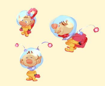 1boy backpack bad_tag bag big_nose blood blue_eyes brown_hair closed_mouth decapitation expressionless facial_mark from_above from_side gloves helmet jason_lupas looking_ahead male_focus multiple_views nintendo olimar open_mouth pikmin_(series) radio_antenna red_bag red_gloves short_hair sideburns simple_background space_helmet spacesuit standing unusually_open_eyes very_short_hair whisker_markings yellow_background