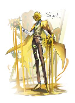 Rule 34 | 1boy, absurdres, belt, belt charm, brown belt, brown pants, charm (object), coat, coat on shoulders, collar chain (jewelry), collared shirt, dissolving, dress shoes, english text, fine art parody, flower, full body, gloves, green necktie, green ribbon, hand up, highres, holding, holding flower, hoshi mori, lapel pin, lapels, leg ribbon, long sleeves, male focus, melting, necktie, notched lapels, object head, original, paint, pants, parody, personification, picture frame, ribbon, shirt, shoes, signature, socks, solo, standing, sunflower, sunflowers (van gogh), thigh ribbon, vest, white background, white gloves, white shirt, white socks, yellow coat, yellow flower, yellow shoes, yellow vest