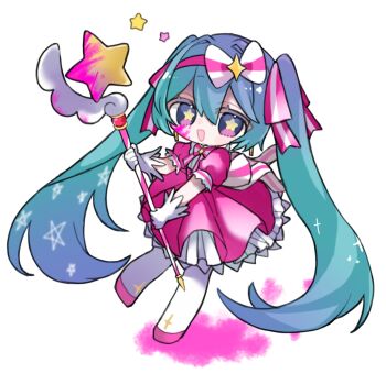 1girl absurdly_long_hair blood blue_hair blush bow chibi chibi_only commentary_request dress full_body gloves hair_between_eyes hair_bow hair_intakes hair_ornament hatsune_miku highres holding holding_wand ima_sugu_rinne_(vocaloid) long_hair looking_at_viewer magical_girl maro_maro_3939 multicolored_dress open_mouth pink_blood pink_dress pink_shoes puffy_short_sleeves puffy_sleeves purple_eyes shoes short_sleeves simple_background star-shaped_pupils star_(symbol) star_wand symbol-shaped_pupils thighhighs twintails very_long_hair vocaloid wand white_background white_dress white_gloves white_thighhighs