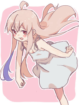 1girl :d ahoge akayama_yukihe blush_stickers border breasts brown_eyes brown_hair cleavage commentary dress dutch_angle feet_out_of_frame floating_hair highres long_hair onii-chan_wa_oshimai! open_mouth outside_border oyama_mahiro pink_background sidelocks simple_background sketch sleeveless sleeveless_dress small_breasts smile solo spaghetti_strap standing sundress very_long_hair white_border white_dress