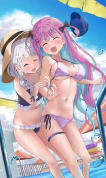 2girls ahoge aqua_hair bare_shoulders baseball_cap bikini black_bikini black_bow blue_hat blue_sky blush bow braid breasts cat_hair_ornament closed_eyes cloud cloudy_sky collarbone day grey_hair hair_bow hair_ornament hairclip hat highres hololive large_breasts long_hair minato_aqua mochiki_927 multicolored_hair multiple_girls murasaki_shion navel open_mouth outdoors pink_bikini pink_hair pool sky smile star_(symbol) star_hair_ornament stomach streaked_hair sun_hat swimsuit thighs twintails two-tone_hair two_side_up unworn_hat unworn_headwear virtual_youtuber yellow_hat