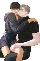 Rule 34 | 2boys, black pants, black shirt, brown hair, closed mouth, feet out of frame, grey hair, hair between eyes, highres, hood, hoodie, ilay riegrow, jeong taeui, light smile, long sleeves, male focus, multiple boys, open mouth, pants, passion (manhwa), purple hoodie, shirt, short hair, short sleeves, simple background, sitting, sitting on person, smile, whiteislife 4, yaoi