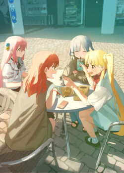 4girls ahoge alternate_costume blonde_hair blue_eyes blue_hair blue_socks bocchi_the_rock! bow cable_tie cable_tie_around_wrist cellphone chair closed_eyes commentary_request cube_hair_ornament cup drink drinking drinking_straw drinking_straw_in_mouth food food_theft gotoh_hitori green_eyes hair_ornament hairclip highres holding holding_drink holding_food ijichi_nijika kessoku_band kita_ikuyo long_hair map mole mole_under_eye multiple_girls on_chair open_mouth phone pink_hair polka_dot polka_dot_bow ponytail red_eyes red_hair shirasuke_0822 shirt side_ahoge side_ponytail sitting slice_of_life smartphone socks sweat white_shirt yamada_ryo