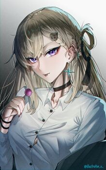 1girl black_nails blonde_hair button_gap choker collared_shirt commentary earrings english_commentary eyeliner gyaru hair_ornament highres illustrator_x jewelry lynae_(wuthering_waves) makeup nail_polish purple_eyes red_eyeliner shirt skull_hair_ornament solo star_(symbol) star_earrings tongue tongue_out upper_body white_shirt wuthering_waves