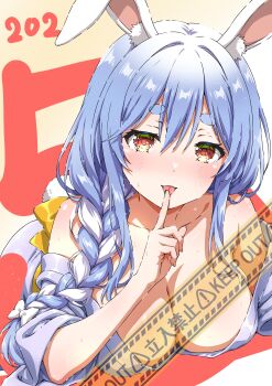 1girl absurdres animal_ear_fluff animal_ears blue_hair blush bow braid braided_ponytail breasts finger_to_mouth hair_bow highres hololive isakoro_(hx9cj) large_breasts long_hair looking_at_viewer mature_female multicolored_hair open_mouth orange_eyes pekomama rabbit_ears rabbit_girl smile solo two-tone_hair virtual_youtuber white_bow white_hair