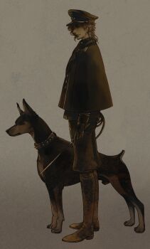 1boy 70491014_(argon-1014-) bad_id bad_pixiv_id boots cape dobermann dog hat highres jojo_no_kimyou_na_bouken kakyoin_noriaki male_focus military_hat muted_color riding_crop solo switch