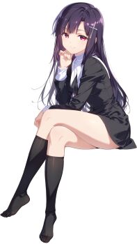 1girl black_hair black_skirt crossed_legs feet highres kannagi long_hair looking_at_viewer netarrow red_eyes skirt smile toes zange