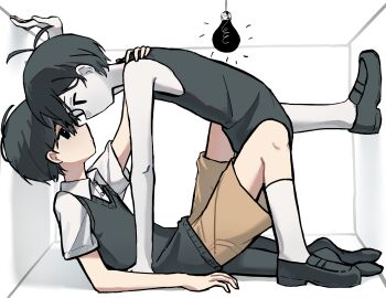 2boys antenna_hair arm_support arm_up bare_arms bare_shoulders black_eyes black_hair black_shoes black_socks black_sweater_vest black_tank_top boy_on_top bright_pupils brown_shorts buttons chinese_commentary closed_mouth collared_shirt colored_skin commentary_request dot_mouth dual_persona empty_eyes expressionless face-to-face from_side full_body hair_behind_ear hair_between_eyes hand_on_another&#039;s_back highres hrsw_mz hunched_over kneehighs kneeling knees_up light_bulb loafers male_focus multiple_boys no_mouth no_pupils no_shoes omori omori_(omori) profile shadow shirt shoes short_hair short_sleeves shorts simple_background sitting socks stuck_in_a_box sunny_(omori) sweater_vest tank_top very_short_hair white_background white_pupils white_shirt white_skin white_socks