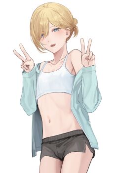 1boy aqua_shirt armpit_crease bare_shoulders blonde-haired_boy_(sunaba_(nczd5875)) blonde_hair blue_eyes blush bulge clothes_lift collarbone commentary_request cowboy_shot cropped_shirt crossdressing crossdressing_(mtf) double_v grey_shorts hair_between_eyes hair_bun hair_over_one_eye hands_up highres long_sleeves looking_at_viewer male_focus midriff navel open_mouth original partial_commentary shirt shirt_lift short_hair short_shorts shorts simple_background smile solo sunaba_(nczd5875) teeth thighs trap upper_teeth_only v white_background