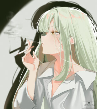 1girl bang_dream! bang_dream!_it&#039;s_mygo!!!!! blowing_smoke blush cigarette commentary green_hair highres holding holding_cigarette kebohan long_hair long_sleeves shadow shirt sidelocks smoke smoking solo upper_body wakaba_mutsumi white_shirt yellow_eyes