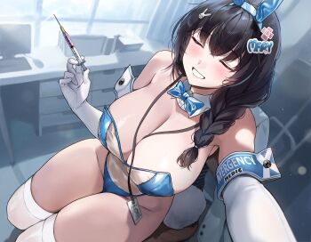 1girl animal_ears armband black_hair blue_leotard blush braid breasts cleavage closed_eyes commentary computer_mouse desk elbow_gloves fake_animal_ears gijang glint gloves goddess_of_victory:_nikke grin groin hair_ornament hair_over_shoulder highres holding holding_syringe large_breasts leotard mary_(medical_rabbit)_(nikke) mary_(nikke) monitor playboy_bunny rabbit_ears smile syringe thighhighs thighs white_gloves white_thighhighs window