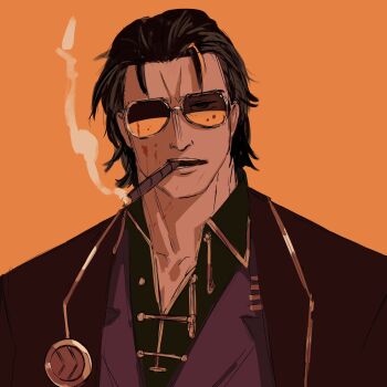 1boy black_hair black_shirt cigar coat collared_shirt commentary english_commentary formal_clothes gold_trim hair_slicked_back highres hvcassini98 jacket lapels limbus_company looking_at_viewer male_focus meursault_(project_moon) mullet notched_lapels official_alternate_costume orange_background orange_theme project_moon red_coat red_jacket red_suit shirt smoke smoking solo suit suit_jacket thumb_(identity)_(project_moon) tinted_eyewear