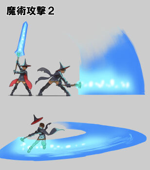 1girl black_boots black_cape black_gloves black_sweater black_thighhighs boots breasts brown_hair cape coat commentary_request energy_sword gloves hat highres holding holding_scepter huge_breasts kawabata_ryuuko_(narisokonai) miniskirt narisokonai original scepter short_hair skirt sweater swinging_weapon sword thighhighs translation_request two-sided_cape two-sided_coat two-sided_fabric weapon witch_hat zettai_ryouiki