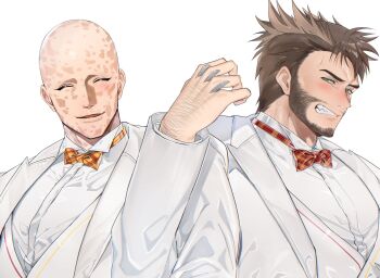 2boys bald beard blush bow bowtie brown_hair claw_(weapon) clenched_teeth closed_eyes couple deadpool deadpool_&amp;_wolverine deadpool_(series) facial_hair formal_clothes green_eyes hand_hair happy highres hoshiimopotato husband_and_husband jacket jewelry locked_arms long_sleeves looking_at_another male_focus marvel marvel multiple_boys muscular muscular_male pectorals scar scars_all_over shirt short_hair smile suit sweatdrop teeth too_many vest weapon white_background white_jacket white_shirt white_suit wolverine_(x-men) x-men yaoi