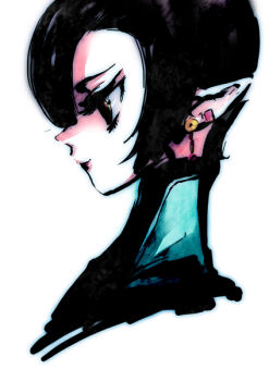 Rule 34 | 1girl, black hair, earrings, elf, female focus, jewelry, original, pointy ears, short hair, solo, tima, upper body