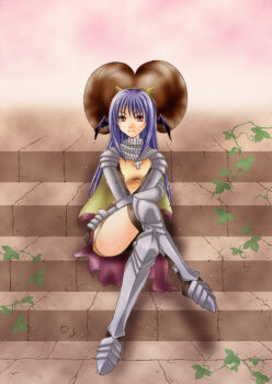 Rule 34 | 1girl, 2000s (style), armor, armored boots, armored dress, black wings, boots, brown horns, chainmail, closed mouth, commentary request, cross, crossed legs, curled horns, dress, fake horns, full body, hachipocchi, head wings, horns, knight (ragnarok online), long hair, looking at viewer, pauldrons, pink eyes, ragnarok online, shoulder armor, sitting, sitting on stairs, solo, stairs, wings