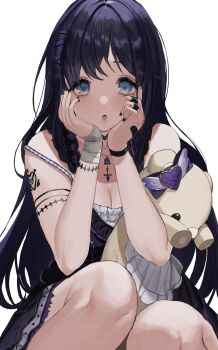 1girl aiba_uiha artist_request bags_under_eyes bandaged_arm bandaged_wrist bandages bandaid bare_shoulders black_dress black_hair black_nails blue_bow blue_eyes blush bow bracelet breasts cleavage collarbone dress expressionless hair_bow hair_ornament hairclip hand_on_own_cheek hand_on_own_face highres holding holding_toy jewelry long_hair looking_at_viewer medium_breasts mole nail_polish necklace nijisanji open_mouth purple_eyes purple_hair ring shoulder_strap simple_background sitting sleeveless sleeveless_dress solo strap strap_slip stuffed_animal stuffed_toy tattoo teddy_bear toy virtual_youtuber wardrobe_malfunction white_background