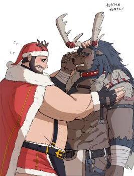 2boys another_eidos-r bandages bara beard belly blush calming_another character_request connected_beard cowboy_shot crying facial_hair fat fat_man flying_sweatdrops from_side full_beard furry furry_male hat highres itaru_(kidomh63) large_pectorals male_focus mature_male multiple_boys muscular muscular_male pectorals profile santa_costume santa_hat short_hair sparse_arm_hair sparse_navel_hair spikes strongman_waist thick_eyebrows thick_navel_hair