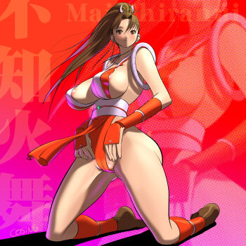1girl areola_slip bad_id bad_pixiv_id breasts brown_eyes cosine fatal_fury female_focus highres huge_breasts king kneeling large_breasts nipple_slip nipples pelvic_curtain ponytail revealing_clothes shiranui_mai sideboob snk solo the_king_of_fighters zoom_layer