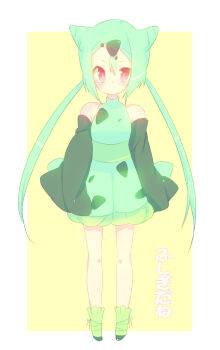 1990s_(style) 1girl bulbasaur detached_sleeves dress female_focus gen_1_pokemon green_hair highres nakamura_sandayo nintendo personification pokemon pokemon_rgby red_eyes retro_artstyle sleeves_past_wrists solo standing translation_request