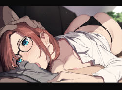 1boy 1girl ass black_panties black_thighhighs blue_eyes blush breast_press breasts brown_hair bulge collared_shirt dress_shirt earrings erection erection_under_clothes face_in_crotch fellatio_over_clothes glasses grey_male_underwear hand_on_another&#039;s_head hetero highres indoors jewelry licking long_sleeves lying male_underwear medium_breasts nagioka nipples no_bra no_pants on_back open_clothes open_shirt original panties pov shirt solo_focus thighhighs tongue tongue_out underwear white_shirt