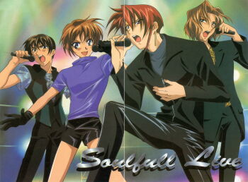 4boys absurdres brown_eyes brown_hair fujimiya_ran gloves hidaka_ken highres holding holding_microphone jacket kudou_youji magazine_scan male_focus microphone multiple_boys music non-web_source official_art open_mouth pants red_hair scan singing tsukiyono_omi turtleneck weiss_kreuz