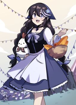 1girl :d absurdres apron basket black_choker black_hair black_shirt blue_eyes blue_hat blue_skirt blue_streaks blush bread breasts choker commentary cowboy_shot day double-parted_bangs english_commentary food hair_between_eyes hat highres holding holding_basket long_hair long_sleeves looking_at_viewer medium_breasts multicolored_hair open_mouth original outdoors people ryuuxin sadie_(ryuuxin) shirt skirt smile solo_focus standing streaked_hair stuffed_chicken waist_apron white_apron