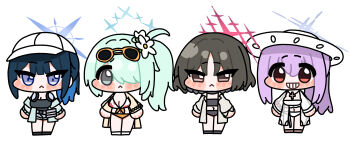 4girls absurdres arius_squad_(blue_archive) atsuko&#039;s_grin_(meme) atsuko_(blue_archive) black_hair blue_archive blue_eyes blue_hair breasts chibi cleavage full_body green_hair hair_over_one_eye hat highres hiyori_(blue_archive) meme misaki_(blue_archive) multiple_girls navel pink_hair red_eyes saori_(blue_archive) standing sun_hat swimsuit white_background zeroku77
