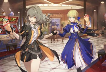 Rule 34 | 2boys, 4girls, artoria pendragon (fate), atatatatame01, blonde hair, blue dress, dress, fate/stay night, fate/unlimited blade works, fate (series), floating hair, grey hair, highres, holding, holding ice cream cone, honkai: star rail, honkai (series), ice cream cone, long sleeves, multiple boys, multiple girls, open mouth, parted lips, running, saber (fate), saber (honkai: star rail) (fate), smile, stelle (honkai: star rail), teeth, trailblazer (honkai: star rail), upper teeth only, yellow eyes