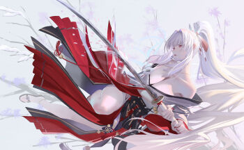 1girl bare_shoulders branch breasts cleavage colored_eyelashes commentary_request fingernails full_body hair_intakes hakama hakama_skirt high_ponytail highres hiyuki_(wuthering_waves) holding japanese_clothes katana kimono large_breasts long_hair long_sleeves lying me/r nail_polish off_shoulder on_side ponytail red_eyes red_hakama red_nails skirt snow solo sword weapon white_eyelashes white_hair white_kimono white_sleeves wrist_bell wuthering_waves