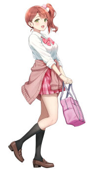 1girl :d alternate_hairstyle bag black_socks blush bow bowtie bracelet breasts brown_shoes clothes_around_waist commentary_request full_body green_eyes gyaru gyarugasaki highres holding holding_bag jewelry kneehighs looking_at_viewer love_live! love_live!_nijigasaki_high_school_idol_club mary_janes medium_breasts open_mouth pink_bag pink_skirt pink_sweater plaid_bow plaid_bowtie plaid_clothes pleated_skirt red_eyes sankuro_(agoitei) school_bag school_uniform shirt shoes side_ponytail simple_background skirt sleeves_rolled_up smile socks solo standing standing_on_one_leg sweater sweater_around_waist uehara_ayumu white_background white_shirt