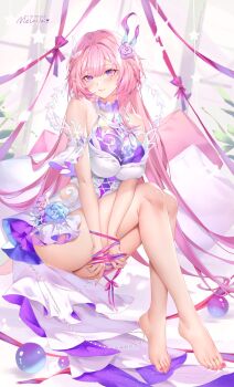1girl armlet bare_shoulders barefoot blush bound bound_wrists breasts chinese_commentary closed_mouth commentary_request cyrene_(honkai:_star_rail) cyrene_(ripples_of_past_reverie)_(honkai:_star_rail) dress feet flower full_body hair_flower hair_ornament highres honkai:_star_rail honkai_(series) jewelry large_breasts long_hair looking_at_viewer melailai nail_polish paid_reward_available pink_hair pink_nails pointy_ears purple_eyes purple_flower purple_rose rose sidelocks signature sitting smile solo thighs toenail_polish toenails toes white_dress