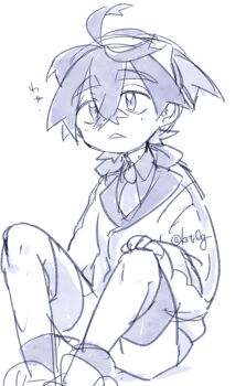 Rule 34 | 1boy, :<, ahoge, blueberry academy school uniform, crossed bangs, greyscale, hair between eyes, hairband, hand on own knee, jacket, karatou, kieran (pokemon), knees apart feet together, knees up, long sleeves, male focus, mole, mole on neck, monochrome, nintendo, parted lips, pokemon, pokemon sv, school uniform, short hair, shorts, sitting, sketch, solo, white background