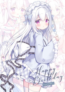 1girl azumi_kazuki blue_kimono commentary_request dango food frills highres holding holding_skewer japanese_clothes kimono long_hair long_sleeves looking_at_viewer multiple_views open_mouth original purple_eyes skewer thighhighs wagashi white_hair white_thighhighs wide_sleeves