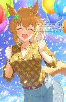 1girl animal_ears balloon belt blue_sky blush bracelet breasts brown_belt brown_hair casual chikabo_m closed_eyes collarbone commentary_request confetti denim facing_viewer hair_between_eyes hair_ornament holding holding_balloon horse_ears horse_girl horse_tail jeans jewelry large_breasts long_hair necklace open_mouth pants plaid_clothes plaid_shirt ponytail rainbow shirt sky smile solo star_(symbol) star_hair_ornament taiki_shuttle_(casual)_(umamusume) taiki_shuttle_(umamusume) tail umamusume