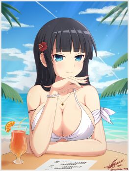 1girl alex_baker arm_on_table arm_ribbon bikini black_hair blue_eyes blunt_bangs blush breasts cleavage come_hither commentary drinking_straw english_commentary flower food fruit hair_flower hair_ornament halterneck hand_on_own_chin highres ikaruga_(senran_kagura) jewelry large_breasts long_hair looking_at_viewer menu necklace ocean orange_(fruit) paper ribbon senran_kagura smile smoothie swimsuit table white_bikini white_ribbon