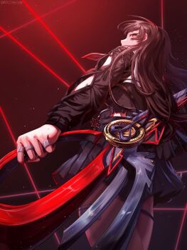 Rule 34 | 1girl, absurdres, arm cutout, black hair, black jacket, black skirt, chisa (wuthering waves), clothing cutout, commentary, dojjang, from below, highres, holding, holding sword, holding weapon, jacket, long hair, long sleeves, red background, red eyes, sailor collar, skirt, solo, sword, twitter username, weapon, white sailor collar, wuthering waves