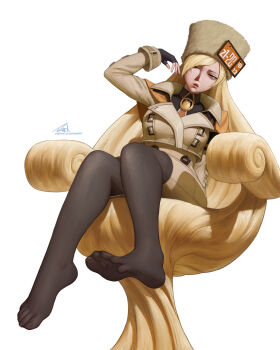 1girl black_gloves blonde_hair blue_eyes chair daek64 feet fingerless_gloves fur_hat gloves guilty_gear guilty_gear_strive hair_chair hat highres legs long_hair long_sleeves millia_rage no_shoes on_chair pantyhose prehensile_hair simple_background sitting solo toenails toes very_long_hair white_background