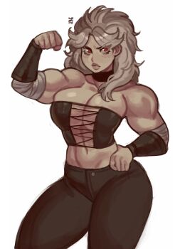 1girl arm_up bandaged_arm bandages black_choker black_pants breasts choker closed_mouth commentary cowboy_shot crop_top dorohedoro flexing grey_hair hand_on_own_hip highres large_breasts looking_at_viewer medium_hair muscular muscular_female noi_(dorohedoro) pants parted_bangs red_eyes simple_background solo widisu