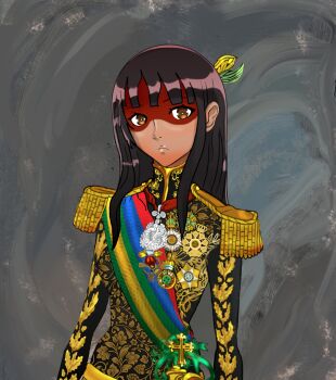 Rule 34 | 1girl, brazil, crown, empress, gold, gold trim, hair ornament, highres, kuruminha, native american, non-web source, original, painting (medium), portrait, royal robe, saber (weapon), sword, template, traditional media, wankofool, weapon