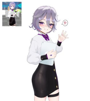 ! !! 1girl black_skirt gem gen.fleur glasses grey_hair highres hololive hololive_english koseki_bijou pencil_skirt purple_eyes purple_gemstone round_eyewear screenshot_inset shirt simple_background skirt solo speech_bubble spoken_exclamation_mark virtual_youtuber waving white_background white_shirt