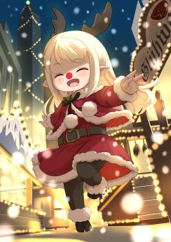 1girl ^_^ absurdres bell belt black_pantyhose blonde_hair capelet christmas_lights closed_eyes dress fake_antlers final_fantasy final_fantasy_xiv fur-trimmed_capelet fur-trimmed_dress fur_trim highres horns lalafell long_hair neck_bell open_mouth pantyhose pointy_ears red_capelet santa_costume santa_dress shelldy smile solo
