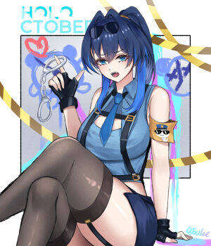 Rule 34 | 1girl, absurdres, alternate costume, black garter straps, black gloves, black thighhighs, blue eyes, blue hair, blue necktie, blue shirt, blue skirt, breasts, brulee, collared shirt, crossed legs, cuffs, eyewear on head, fingerless gloves, garter straps, glasses, gloves, handcuffs, heart, highres, holding, holding handcuffs, hololive, hololive english, large breasts, long hair, looking at viewer, necktie, open mouth, ouro kronii, ponytail, shirt, skirt, sleeveless, sleeveless shirt, solo, thighhighs, virtual youtuber