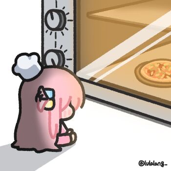 1girl bocchi_the_rock! chef_hat chibi chibi_only commentary cooking facing_away food from_side full_body gotoh_hitori hair_wagging hat highres jacket long_hair looking_at_food lulalang mini_chef_hat mini_hat one_side_up oven pink_hair pink_jacket pizza simple_background sitting solo symbol-only_commentary twitter_username white_background