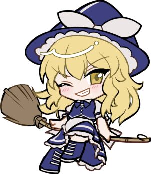 1girl blonde_hair blue_bow blue_bowtie blue_hat blue_shoes blue_skirt blue_vest blush bow bowtie braid broom broom_riding buttons chibi chibi_only double-parted_bangs frilled_skirt frills full_body grin hair_between_eyes hat hat_bow kirisame_marisa long_hair long_sleeves looking_at_viewer mirei_(miirei) one_eye_closed shirt shoes simple_background single_braid sitting skirt skirt_set smile socks solo touhou transparent_background v-shaped_eyebrows vest white_bow white_shirt white_socks witch_hat