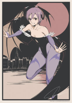 1girl absurdres black_leotard breasts bridal_gauntlets cityscape commentary_request darkstalkers demon_wings full_moon head_wings highres leotard lilith_(darkstalkers) looking_at_viewer moon muted_color outstretched_arms pantyhose parted_lips purple_hair purple_pantyhose red_eyes short_hair small_breasts solo tyanoki wings