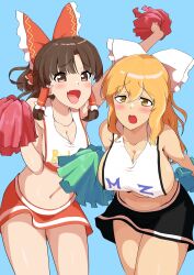 Rule 34 | 2girls, @ @, absurdres, bare shoulders, benikurage (cookie), blonde hair, blue background, bow, breasts, brown eyes, brown hair, cheerleader, cleavage, collarbone, cookie (touhou), cowboy shot, fangs, hair bow, hakurei reimu, highres, holding, holding pom poms, kirisame marisa, mars (cookie), midriff, miniskirt, multiple girls, navel, open mouth, pom pom (cheerleading), pom poms, red bow, remote controller 4, skirt, smile, tongue, touhou, vest, white bow, white vest, yellow eyes