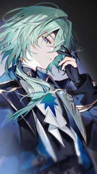 1boy anaxa_(honkai:_star_rail) ascot black_background black_gloves black_jacket black_vest blue_eyes chain closed_mouth crossed_bangs empty_eyes eyepatch fingernails from_side gloves gold_chain gold_trim greco-roman_clothes green_hair hair_ornament hair_tubes hand_up honkai:_star_rail honkai_(series) hou_(ppo) jacket jewelry lapels long_hair long_sleeves looking_at_viewer low_ponytail male_focus multicolored_eyes open_clothes open_jacket partially_fingerless_gloves ponytail purple_eyes ring shirt signature simple_background single_hair_tube solo two-sided_fabric two-sided_jacket upper_body vest white_ascot white_jacket white_shirt